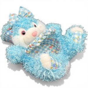 Kids of America Plush Easter Bunny Basket Blue Curly Fur Braided Handle 2002